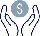 Icon showing two hands carefully holding a circle with a dollar sign