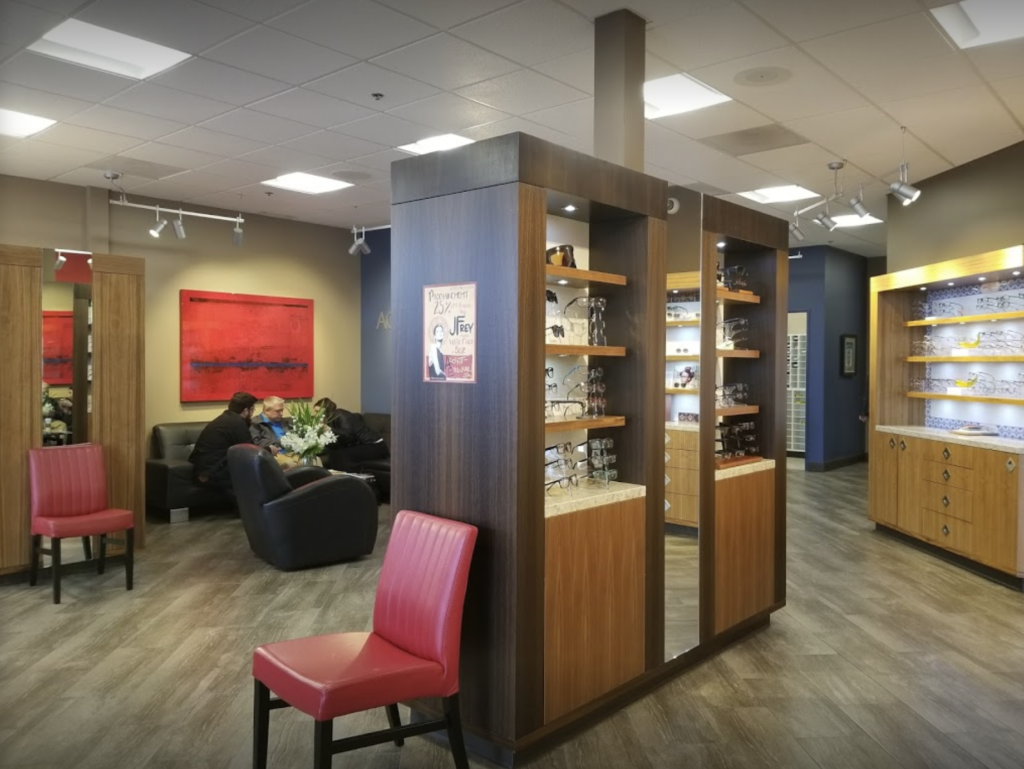 Photo of the interior of Accent Eyewear in Oregon with a waiting area and eyeglass frames